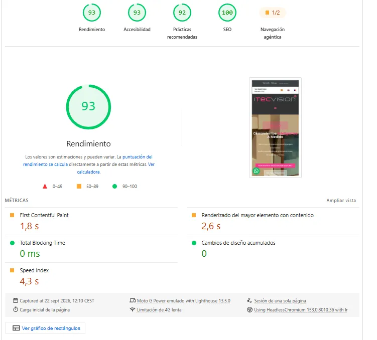 Informe Lighthouse móvil de Itecvisión: rendimiento 93, LCP 2,6 segundos y CLS 0