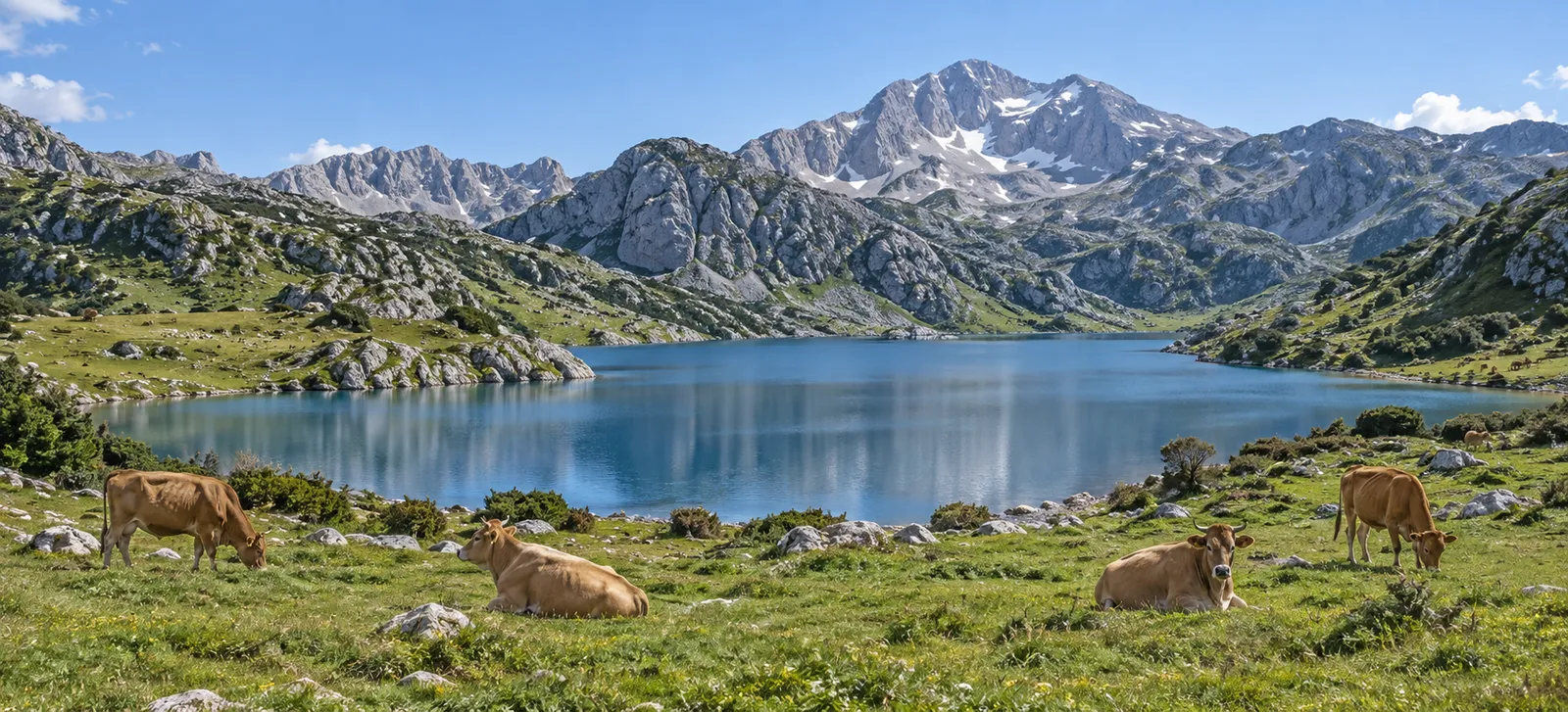 Recreación con IA de un lago de montaña y praderas con vacas, inspirada en los Lagos de Covadonga, Asturias.