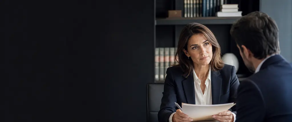 Abogada escuchando a un cliente en un despacho profesional