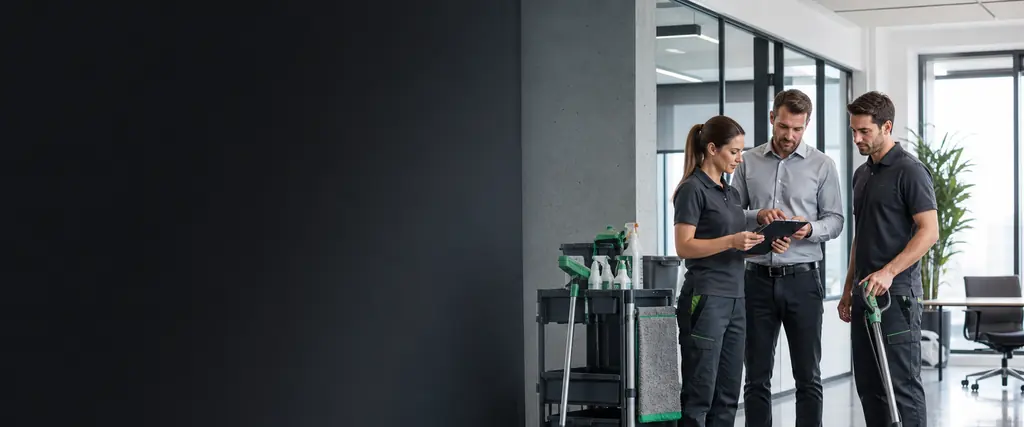 Equipo profesional de limpieza preparando un servicio para oficinas