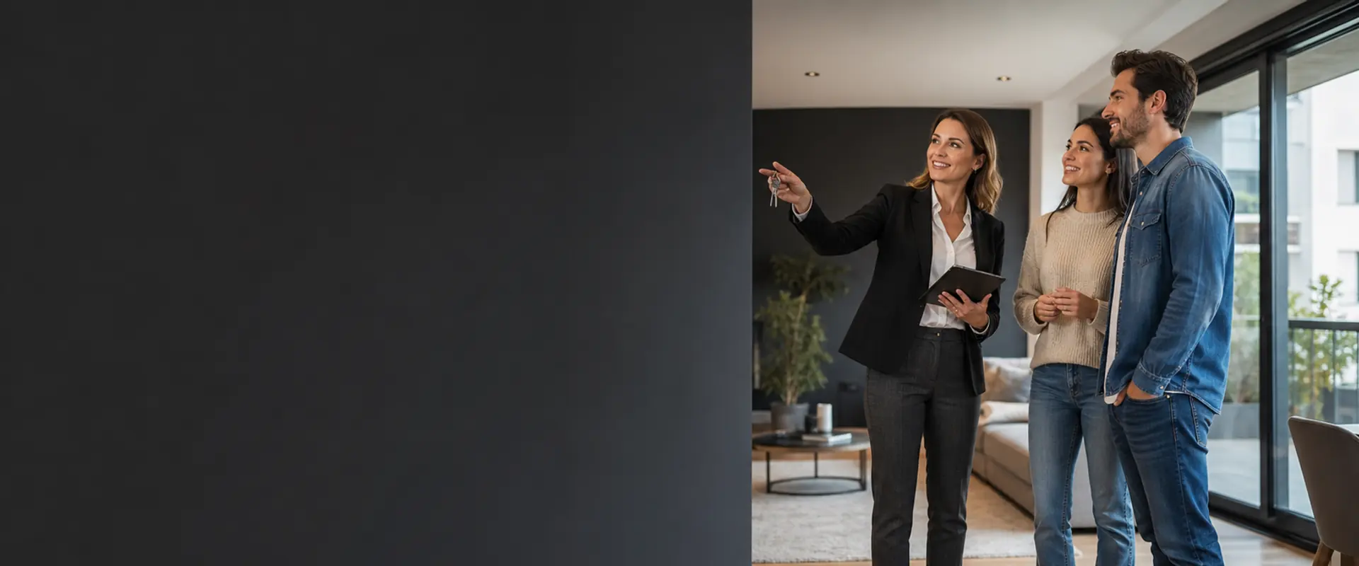 Una agente inmobiliaria mostrando una vivienda a compradores para programación web de inmobiliarias