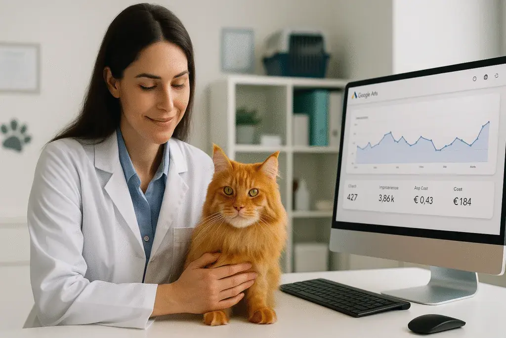 Veterinaria junto a un gato y una pantalla de seguimiento de Google Ads