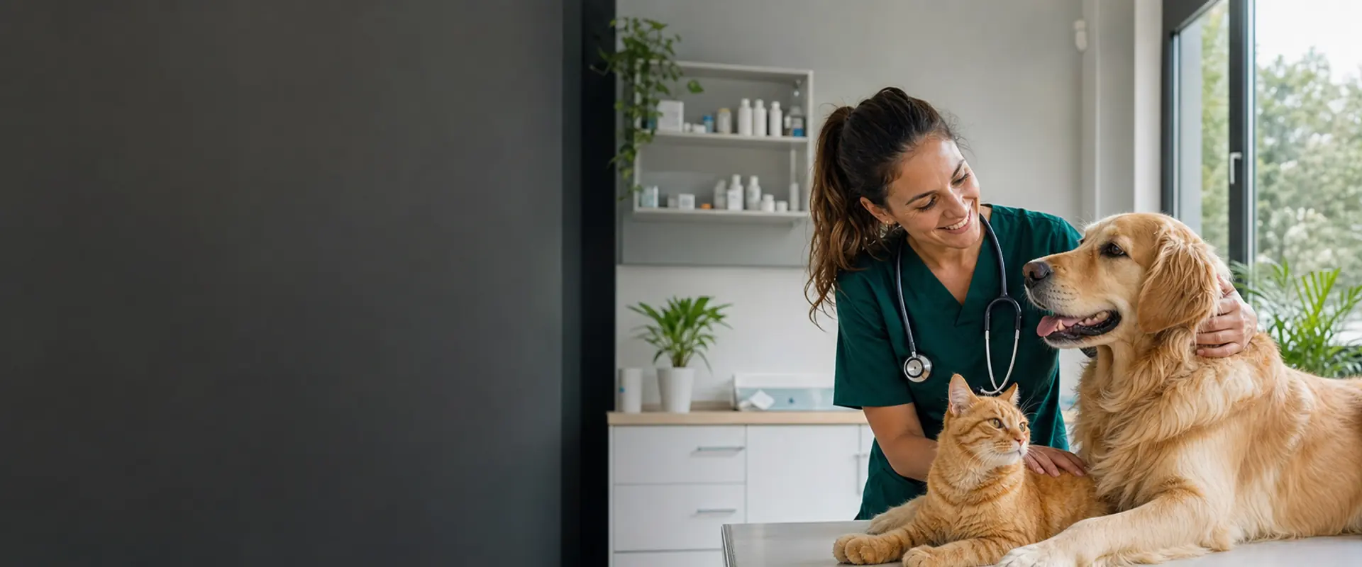Veterinaria atendiendo a un perro y un gato en una clínica moderna