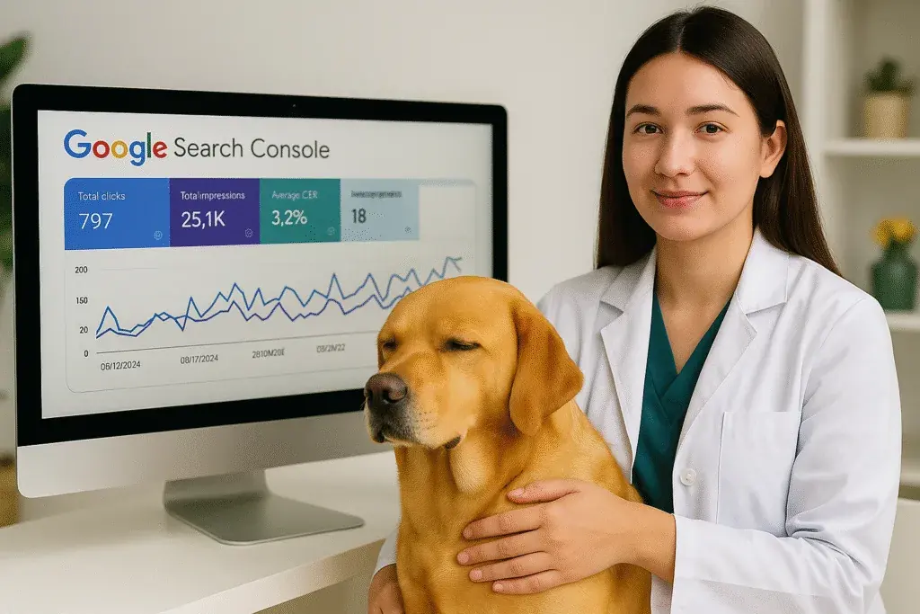 Veterinaria con un perro junto a una pantalla de análisis de visibilidad web